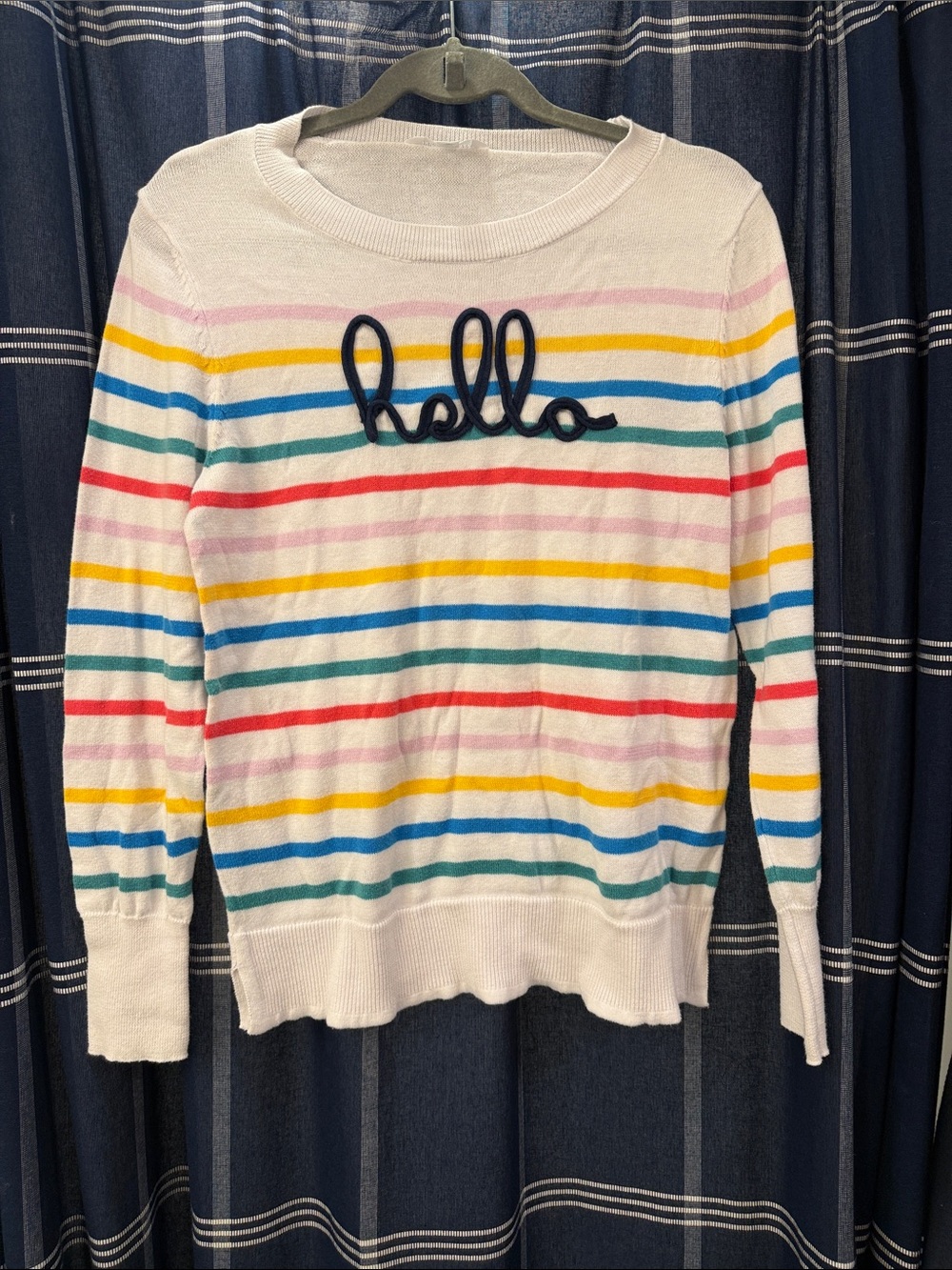 Hello Embroidered Striped Crewneck Sweater - White
